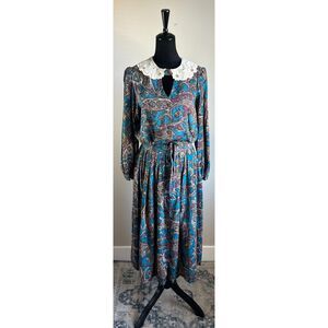 Vintage Alain Toussaint Women's Cut Blue Paisley Print Pleated Midi Dress Size S